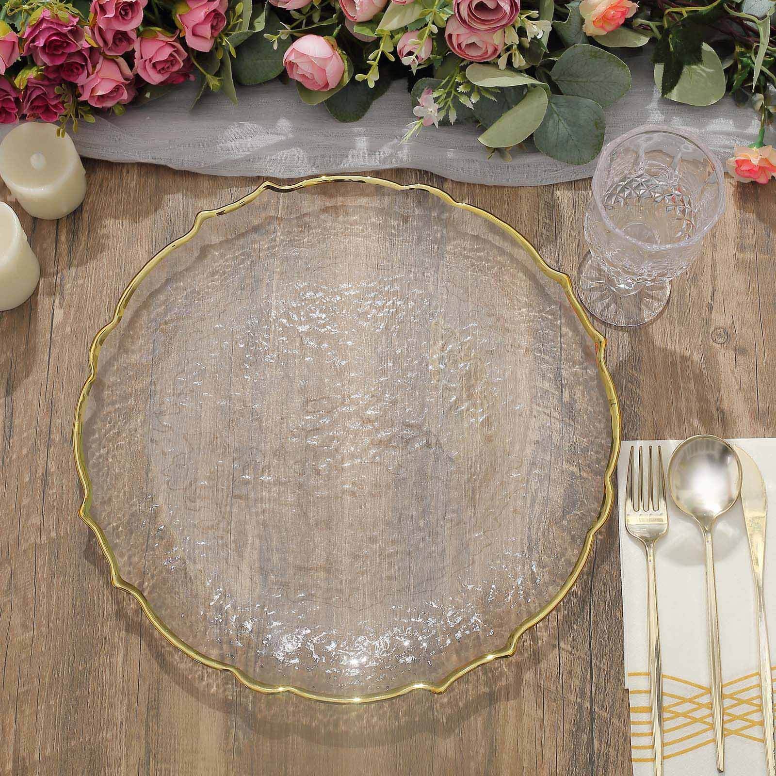 Alternative view of 8-Pack Glass Charger Plates 13" Round Clear Gold Sunflower Scalloped Rim - Decorative Dinner Chargers