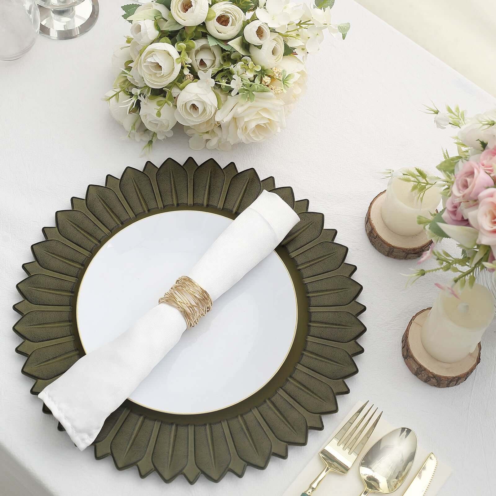 Alternative view of 6-Pack Plastic Charger Plates 13" Round Olive Green with Sunflower Rim - Matte Finish Disposable Dinner Charger Tableware
